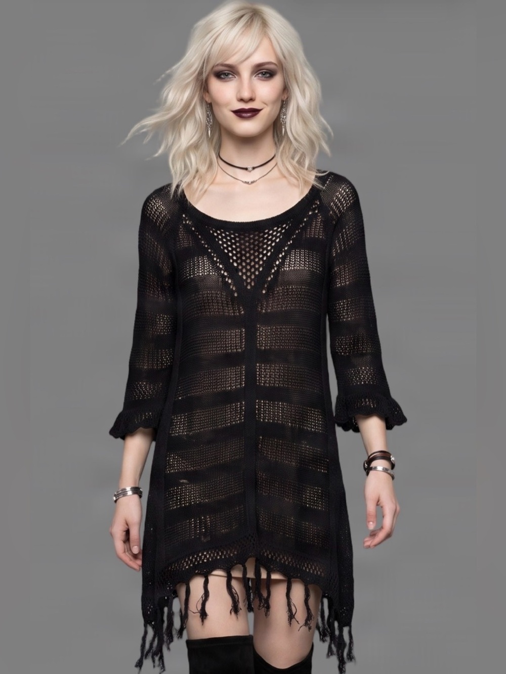 SOURCE UNKNOWN Black Crochet Tunic Sweater Elbow lgth sleeves Open Weave Sheer